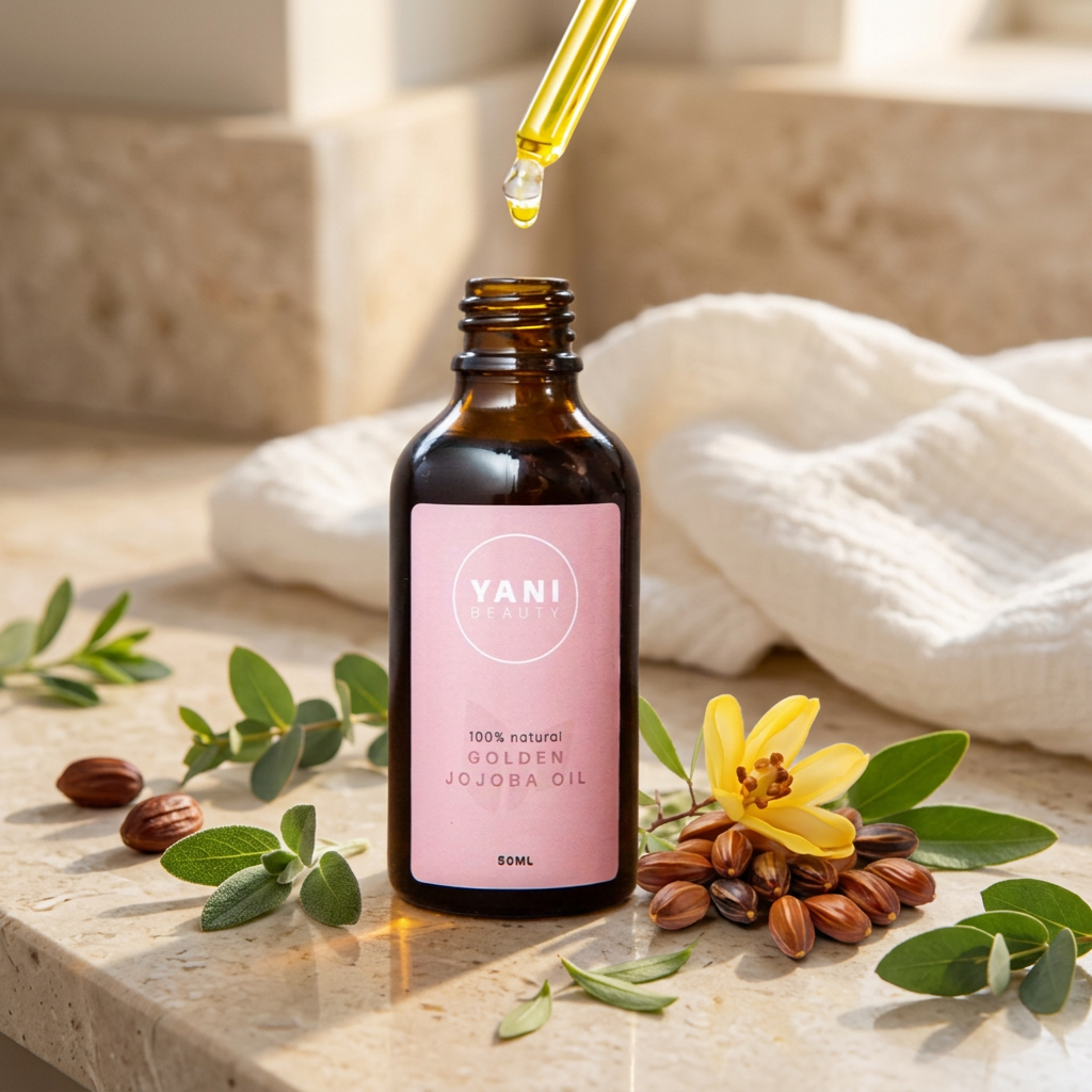 Yani Beauty Golden Jojoba Cleansing Oil with its glass dropper, jojoba seeds, leaves and a soft cleansing cloth