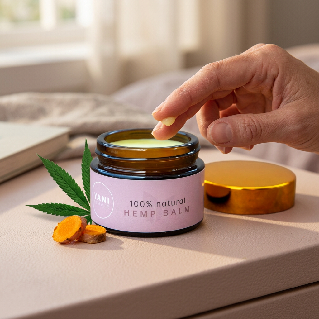 Yani Beauty Hemp Balm open for use on dry skin, styled with hemp leaves and turmeric root