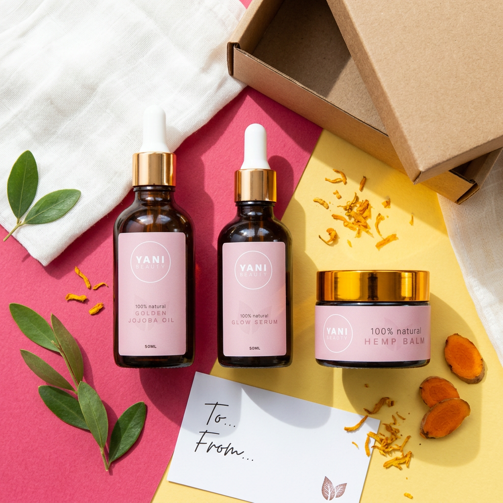 The full Yani Beauty skincare routine with Golden Jojoba Oil, Glow Serum and Hemp Balm arranged as a gift set