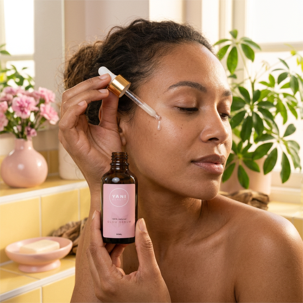 A woman applying Yani Beauty Glow Serum to her cheek with the amber dropper bottle held beside her face