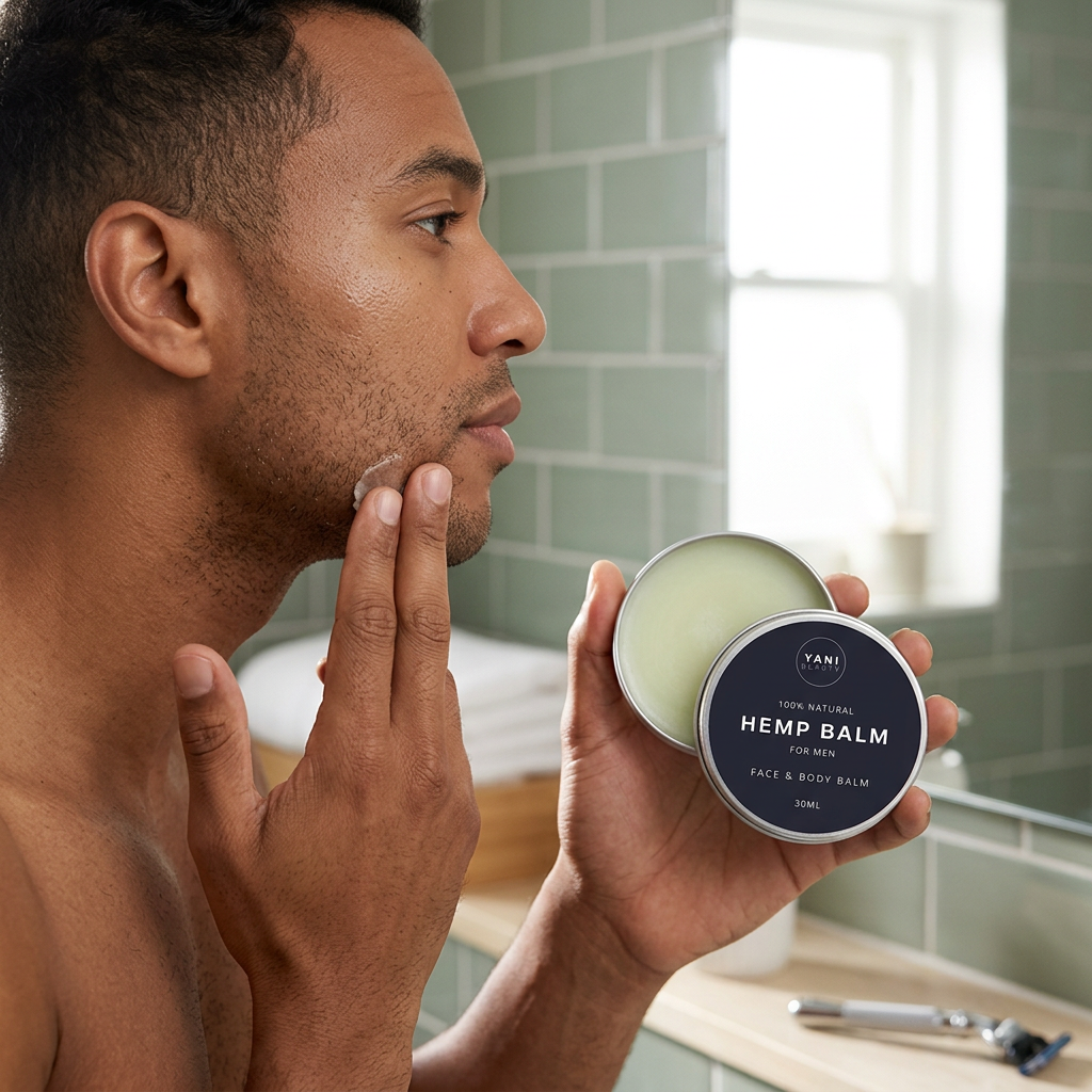 A man applying Yani Beauty Hemp Balm for Men to his jawline after shaving