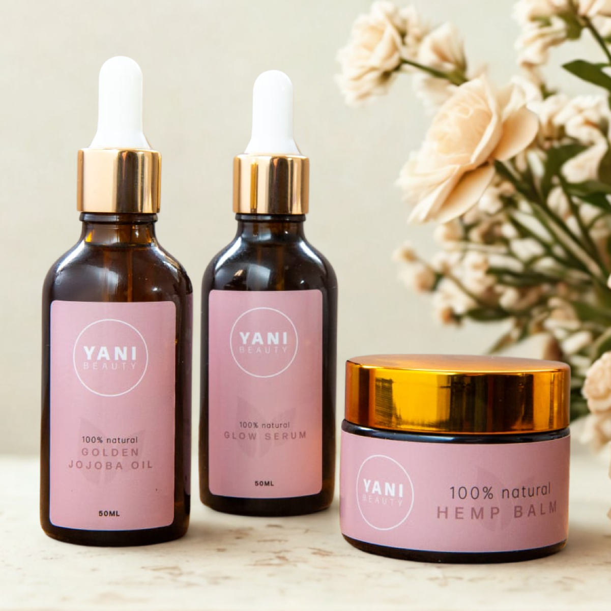 The Yani Beauty skincare set: cleansing oil, glow serum and hemp balm boxed together