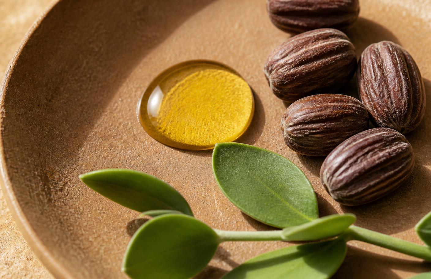 Cold-pressed jojoba and hemp seed oils, kokum and shea butter and dried botanicals used in Yani Beauty skincare, laid out on a stone surface